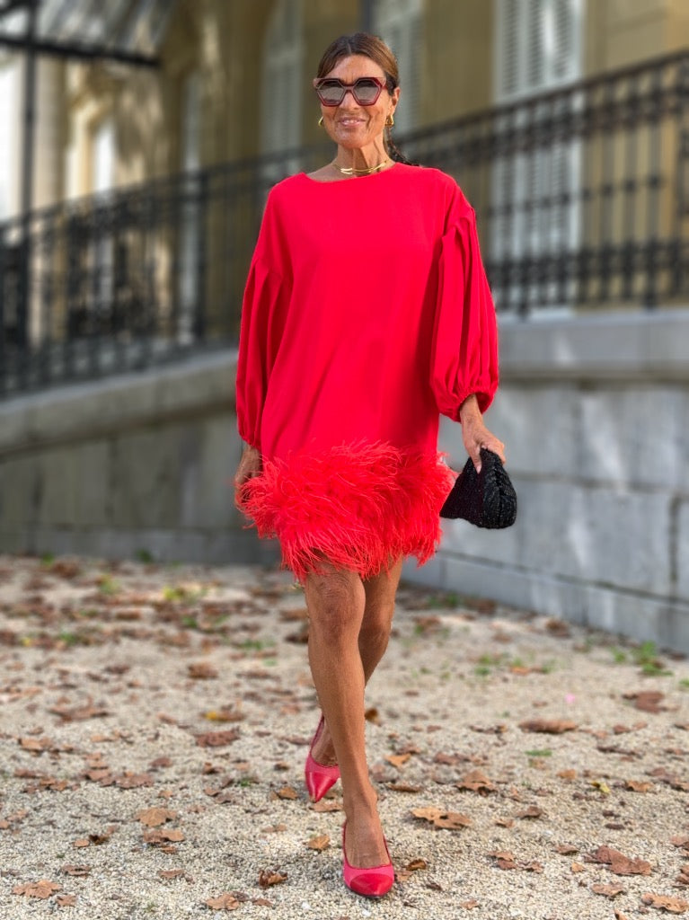 red ostrich feather dress OSTRICH FEATHER TRIM CAPE DRESS IN RED | CULT MIA