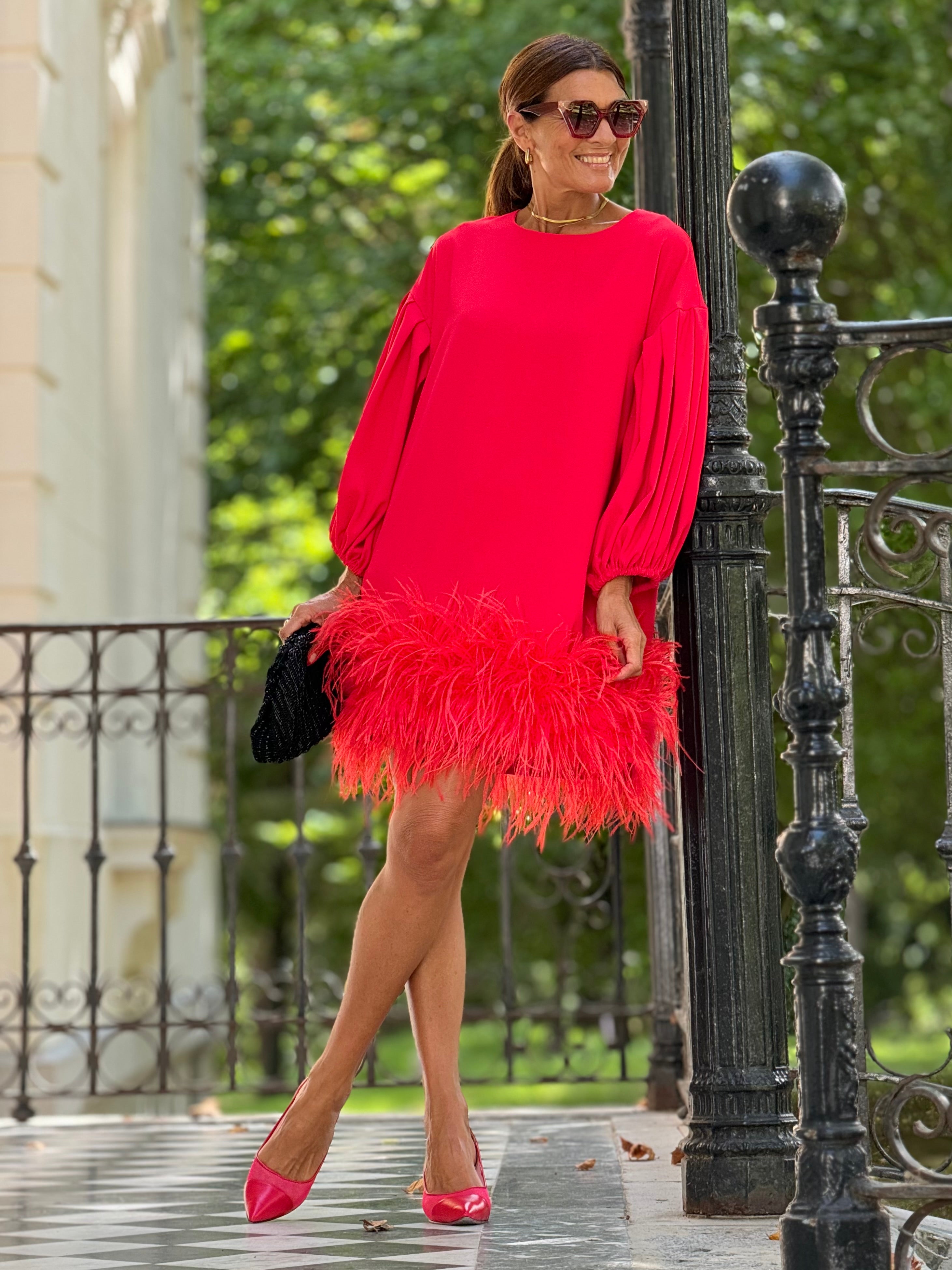 red dress with feathers on top Luxury Red Long Embellished Mermaid Feather Prom Dress Formal Gown 40
