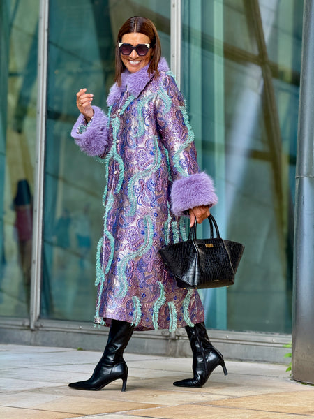 Cappotto Audrey in Jacquard Lilla con Pelliccia